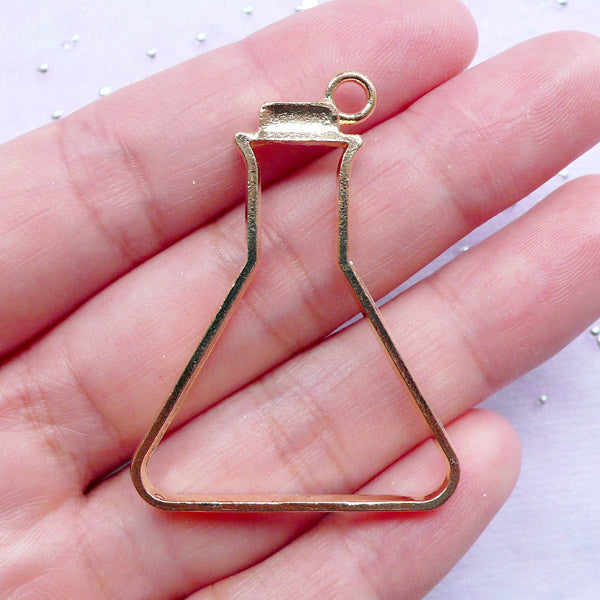 Triangle Flask Open Bezels | Test Tube Bottle Outline Charm | Hollow Science Equipment Pendant | Resin Craft (Gold / 1 piece / 32mm x 43mm)