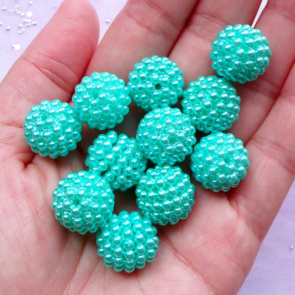 Beaded Ball Beads | 15mm Chunky Round Acrylic Beads | Bubblegum Berry Bead Supply (Pastel Teal Blue Green / 8pcs)