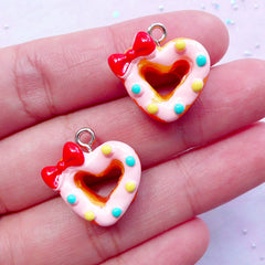 Kawaii Doughnut Charms | Heart Donut Resin Pendant | Miniature Food Jewellery Making (Pink / 2pcs / 19mm x 19mm)