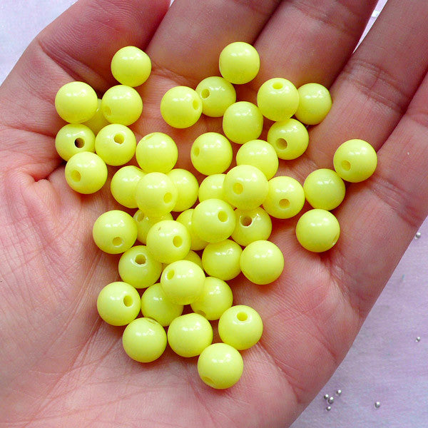 8mm Pastel Ball Beads | Acrylic Bead Supplies | Kawaii Fairy Kei Jewellery Craft (Yellow / 50 pcs)