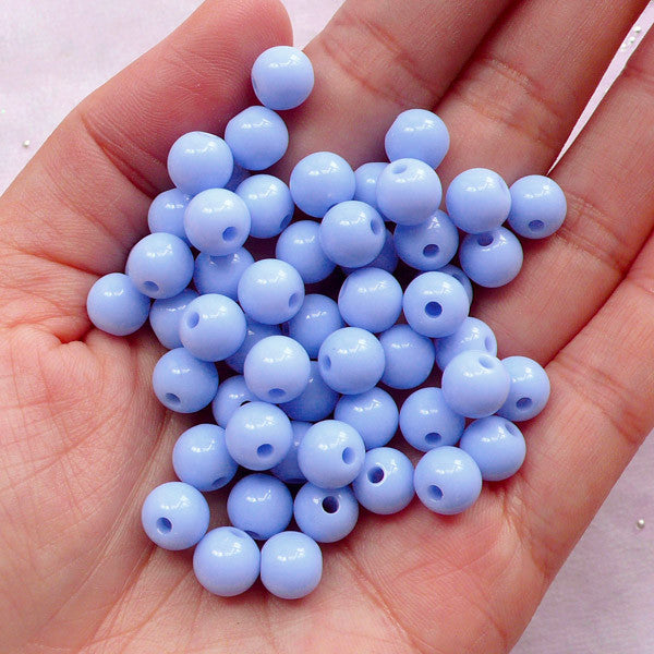 Chunky Bead Supplies | 8mm Kawaii Acrylic Beads | Pastel Kei Bag Charm Making (Blue / 50 pcs)