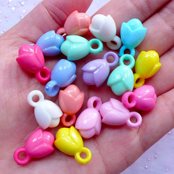 CLEARANCE Acrylic Pastel Flower Charms | Cute Tulip Pendant | Fairy Kei Floral Jewelry Making (15pcs / 11mm x 19mm / Assorted Color / 2 Sided)