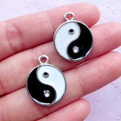 DEFECT Silver Yin Yang Charms | Taoism Enamel Pendant | Tai Chi Jewellery Making (2pcs / 18mm x 22mm / 2 Sided)