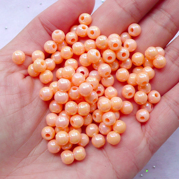 AB Bubblegum Beads | 6mm Acrylic Ball Beads | Chunky Plastic Round Beads | Kawaii Bracelet Making (AB Pastel Orange / 100pcs)