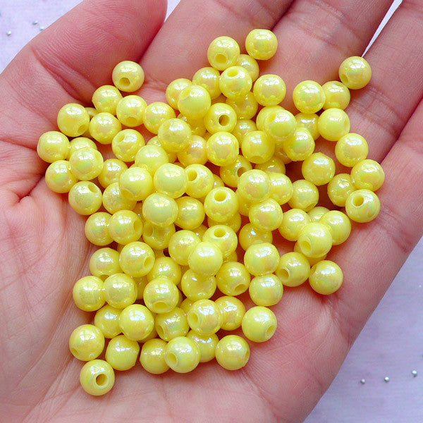 Kawaii Beads | 6mm Acrylic Round Beads | Aurora Borealis Gumball Beads | Chunky Jewellery Making (AB Yellow / 100pcs)