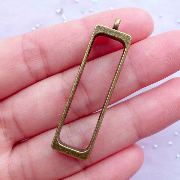 Hollow Rectangular Pendant | Long Bar Charm | Outline Frame for Resin Jewelry Crafts (Antique Bronze / 1 piece / 12mm x 44mm)