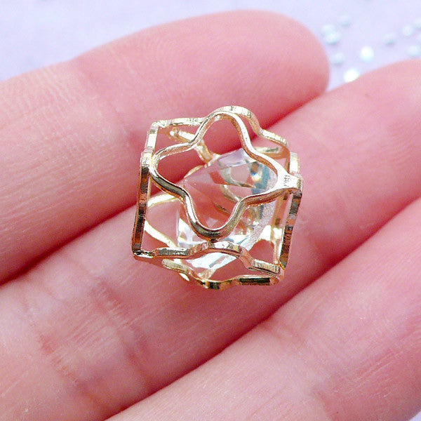 Crystal Cage Bead | Floating Diamond in Hollow Cube Pendant | Bead Supplies (Gold / 1 piece / 11mm x 15mm)
