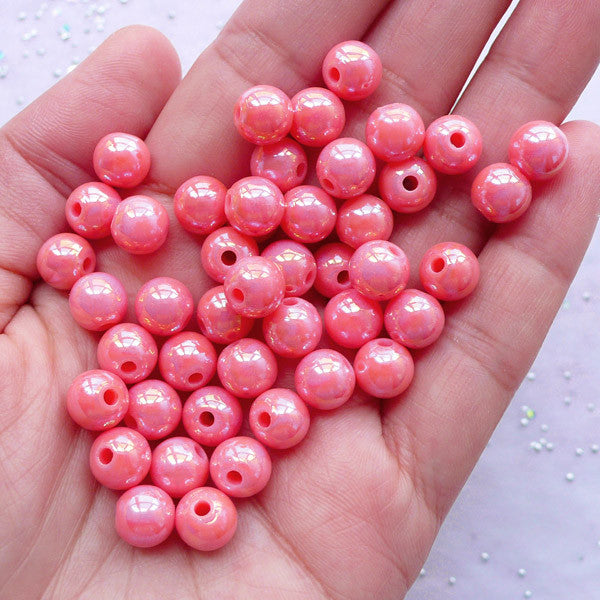 8mm AB Pastel Acrylic Beads | Kawaii Round Beads | Fairy Kei Chunky Bead Supplies (AB Pastel Red / 50pcs)