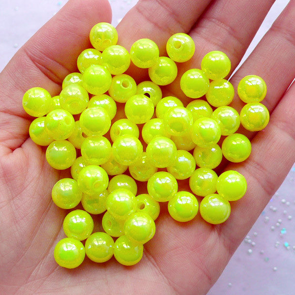 CLEARANCE Aurora Borealis Bead Supplies | Acrylic Pastel Beads | 8mm Round Plastic Beads | Kawaii Chunky Jewelry Making (AB Yellow / 50pcs)