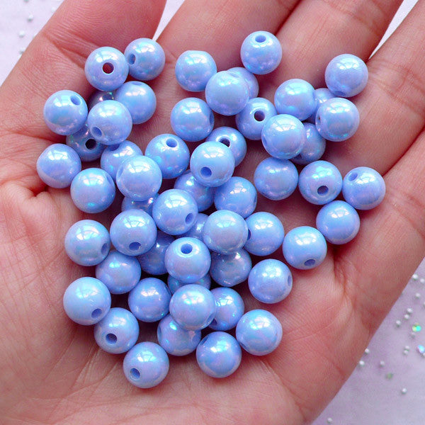 8mm Chunky Bead Supplies | Kawaii Acrylic Beads | Plastic Ball Beads | Pastel Kei Jewelry Making (AB Pastel Blue / 50pcs)