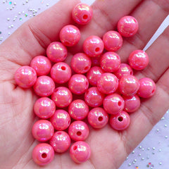 Kawaii Chunky Jewelry Making | 10mm Round Acrylic Beads | Plastic Bubblegum Bead (AB Pastel Red / 25pcs)