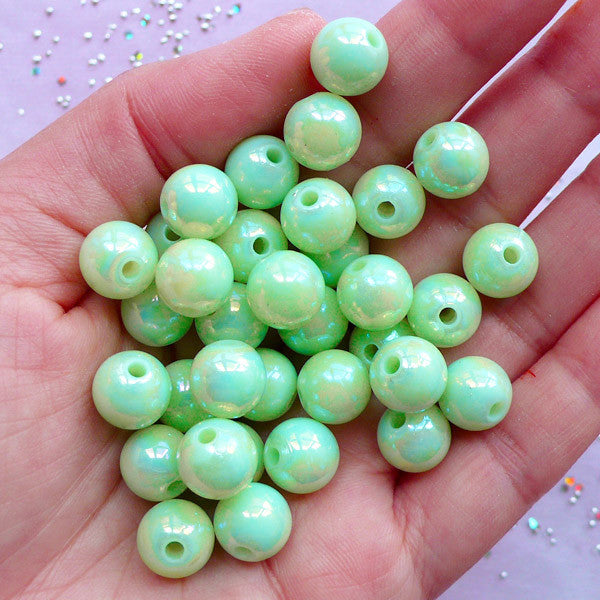 Fairy Kei Bracelet & Necklace Making | 10mm Acrylic Bubblegum Beads | Kawaii Jewelry DIY (AB Pastel Green / 25pcs)