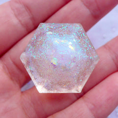 DEFECT 3D Diamond Pendant with Holographic Confetti & Glitter | Glittery Geometry Charm with Crown | Kawaii Lolita Fairy Kei Princess Jewelry Making (Gold & AB Clear / 1 piece / 29mm x 37mm)