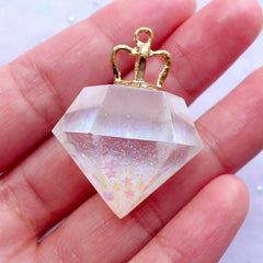DEFECT 3D Diamond Pendant with Holographic Confetti & Glitter | Glittery Geometry Charm with Crown | Kawaii Lolita Fairy Kei Princess Jewelry Making (Gold & AB Clear / 1 piece / 29mm x 37mm)
