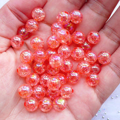8mm Round Crackle Beads | Acrylic Cracked Ball Beads | Aurora Borealis Chunky Bubblegum Jewelry DIY (AB Clear Coral Pink / 50pcs)
