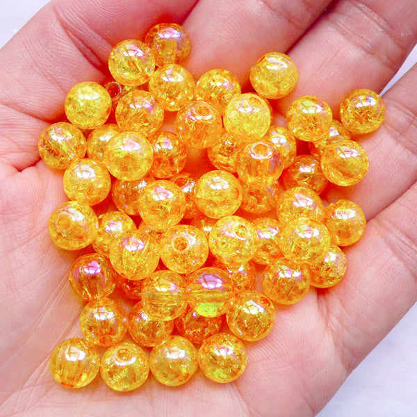 Acrylic Crackle Beads in 8mm | Round Cracked Beads | Holographic Chunky Gumball Jewellery DIY (AB Clear Orange / 50pcs)