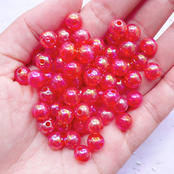Acrylic Cracked Beads in 8mm | Crackle Ball Beads | Iridescent Chunky Beads | Kawaii Jewellery Making (AB Clear Red / 50pcs)