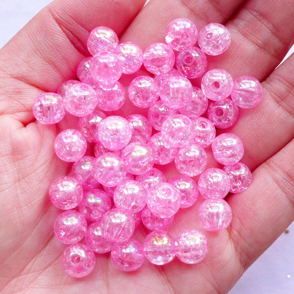 Crackle Acrylic Beads in 8mm | Iridescent Cracked Beads | Plastic Chunky Beads | Kawaii Fairy Kei Jewelry Making (AB Clear Pink / 50pcs)