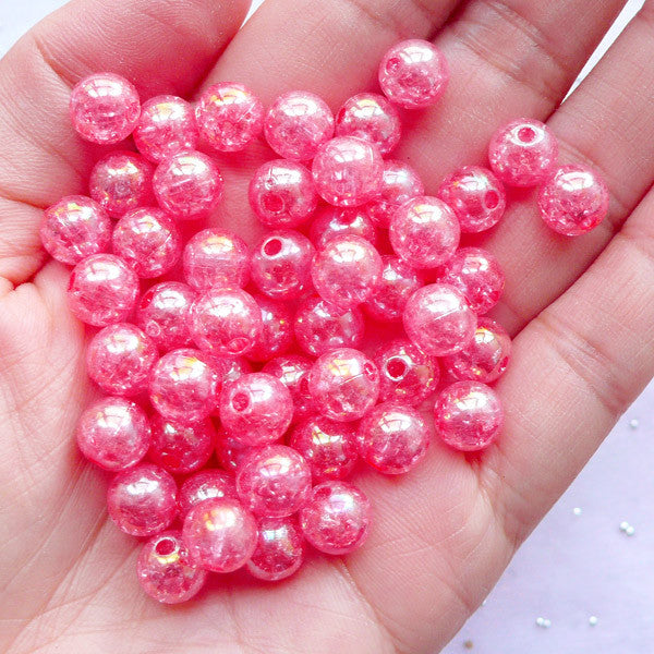 Holographic Cracked Beads | 8mm Kawaii Acrylic Beads | Chunky Crackle Beads | Bubblegum Bead Supplies (AB Clear Dark Pink / 50pcs)