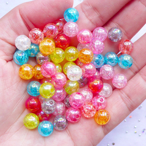 AB Cracked Bead Assortment | Assorted Transparent Crackle Beads in 8mm | Acrylic Round Beads | Cute Bead Supplies (Colorful Mix / 50pcs)