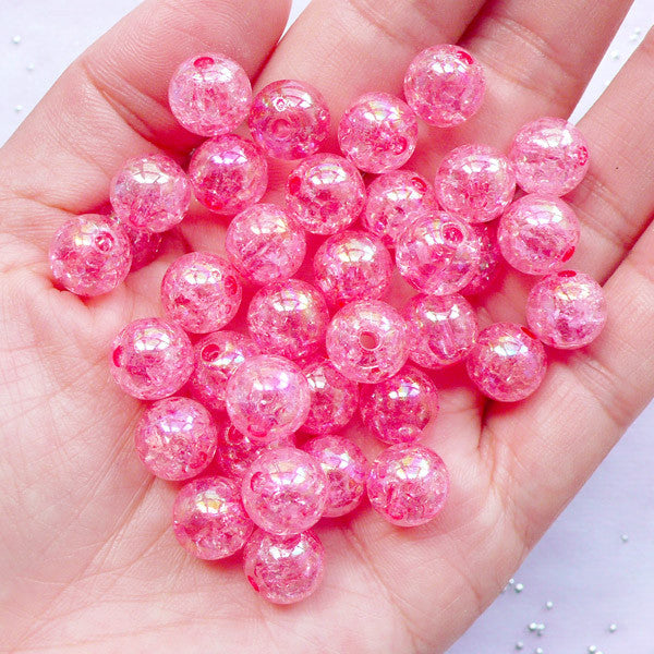Kawaii Acrylic Beads in 10mm | Transparent Crackle Beads | Round Cracked Beads | Gumball Jewelry DIY (AB Clear Dark Pink / 25pcs)
