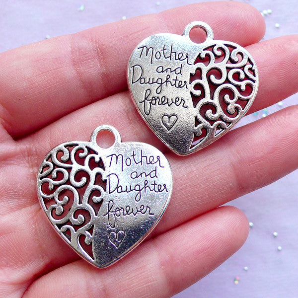 CLEARANCE Mother and Daughter Forever Charms | Heart Pendant | Mother's Day Jewelry Making | Gift for Mother (2pcs / Tibetan Silver / 28mm x 29mm / 2 Sided)