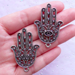 Hamsa Hand with Evil Eye Charms | Filigree Protection Pendant | Khamsa Palm Charm | Religion & Yoga Jewellery DIY (2pcs / Tibetan Silver / 28mm x 42mm)