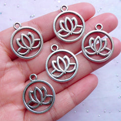 Silver Lotus Charms | Round Flower Outline Tag | Metal Hollow Floral Pendant | Jewelry Making Supplies (5pcs / Tibetan Silver / 20mm x 24mm / 2 Sided)