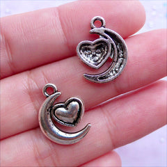 CLEARANCE Moon and Heart Charms | Silver Quarter Moon Pendant | Love You to the Moon & Back | Jewelry Charm Supplies (8 pcs / Tibetan Silver / 13mm x 17mm)