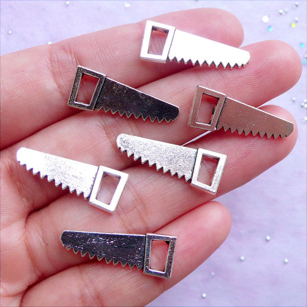 Hand Saw Charms | Silver Miniature Hardware Tool Pendant | Novelty Charm Supplies | Gift for Father (6 pcs / Tibetan Silver / 9mm x 23mm / 2 Sided)
