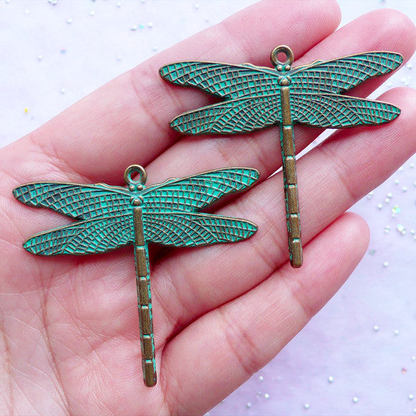 Big Dragonfly Green Patina Pendant | Large Insect Charms | Jewelry Charm Supplies (2 pcs / Antique Bronze / 47mm x 42mm)
