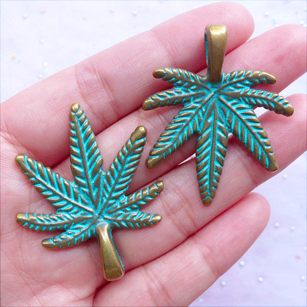 Big Marijuana Green Patina Charms | Large Pot Leaf Pendant | Hippie Weed Charms | Cannabis Jewelry DIY (2 pcs / Antique Bronze / 34mm x 41mm)