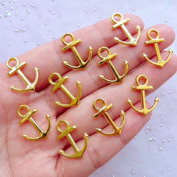 Gold Anchor Charms | Small Nautical Pendant | Boat Jewelry DIY | Bracelet Making (10pcs / 15mm x 19mm / 2 Sided)