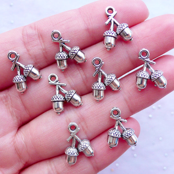 Mini Acorn Charms in 3D | Oak Nut Pendant | Squirrel Jewelry Making | Silver Charm Supplies (8pcs / Tibetan Silver / 10mm x 14mm / 2 Sided)