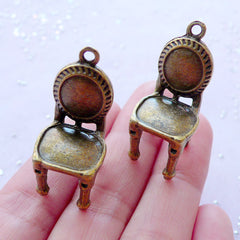 Antique Chair Charms in 3D | Vintage Furniture Pendant | Dollhouse Miniature Jewelry Making (2pcs / Antique Bronze / 15mm x 32mm)