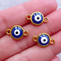 CLEARANCE Enamel Evil Eye Charm Connector Link | Turkish Stink Eye Findings | Nazar Protection Bracelet DIY (3pcs / Gold & Blue / 9mm x 14mm)