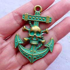 CLEARANCE Pirate Skull & Anchor Charms | Green Patina Jolly Roger Pendant | Nautical Jewelry Making (1 piece / Antique Bronze / 36mm x 54mm)