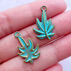 CLEARANCE Little Cannabis Charm with Green Patina Finish | Small Marijuana Pendant | Weed Pot Leaf Charms | Hippie Jewelry Making (4 pcs / Antique Bronze / 13mm x 22mm)