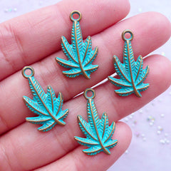 CLEARANCE Little Cannabis Charm with Green Patina Finish | Small Marijuana Pendant | Weed Pot Leaf Charms | Hippie Jewelry Making (4 pcs / Antique Bronze / 13mm x 22mm)