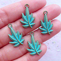 CLEARANCE Little Cannabis Charm with Green Patina Finish | Small Marijuana Pendant | Weed Pot Leaf Charms | Hippie Jewelry Making (4 pcs / Antique Bronze / 13mm x 22mm)