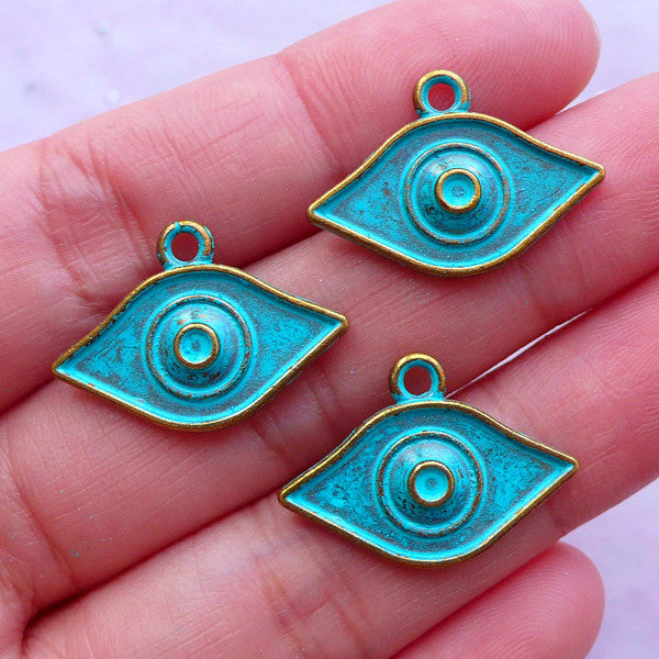 Green Patina Evil Eye Charms | Nazar Pendant | Religion Protection Charm Supplies | Yoga Jewellery DIY (3 pcs / Antique Bronze / 22mm x 15mm)