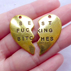 CLEARANCE Best Fucking Bitches Charms | Message Heart Pendant | Friendship Jewelry DIY | Gift for Best Friend (1 set of 2 pcs / Antique Gold)