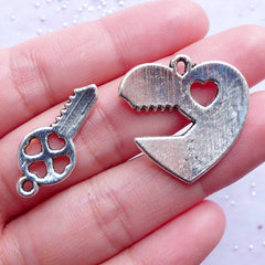 Heart and Key Best Friends Charms | Friendship Pendant | Friend Forever Message Jewellery Making (2 Sets / Tibetan Silver)