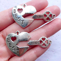 Heart and Key Best Friends Charms | Friendship Pendant | Friend Forever Message Jewellery Making (2 Sets / Tibetan Silver)