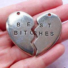 Silver Best Bitches Pendant | Heart Message Charms | Best Friend Jewelry DIY | Gift for Best Sister (1 set of 2 pcs / Tibetan Silver)