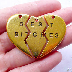 Gold Best Bitches Pendant | Message Heart Charms | Friendship Jewellery DIY | Best Friend Gift Ideas (1 set of 3 pcs / Antique Gold)