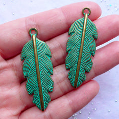 CLEARANCE Green Patina Feather Charms | Large Feather Pendant | Bird Charm | Native Tribal Jewellery DIY (2 pcs / Antique Bronze / 16mm x 45mm)