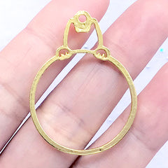 Kitty and Circle Frame Open Bezel Charm | Cat and Round Deco Frame for UV Resin Filling | Kawaii Jewelry (1 piece / Gold / 28mm x 39mm)