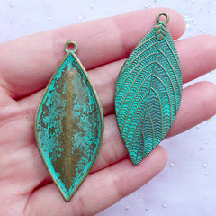 Green Patina Leaf Charms | Large Leaf Pendant | Big Leaves Charm | Nature Floral Jewellery Making (3 pcs / Antique Bronze / 22mm x 51mm)