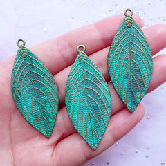 Green Patina Leaf Charms | Large Leaf Pendant | Big Leaves Charm | Nature Floral Jewellery Making (3 pcs / Antique Bronze / 22mm x 51mm)